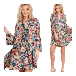 UMGEE FLORAL BOHO GYPSY TRAPEZE SWING PEASANT DRESS MULTICOLOR‎ SIZE MEDIUM